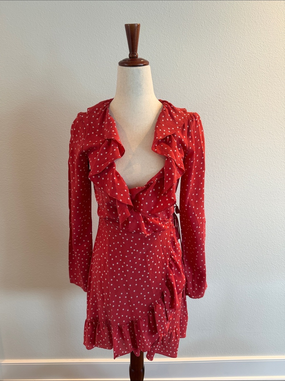 100% Silk Red Star Dot Ruffle Wrap Dress